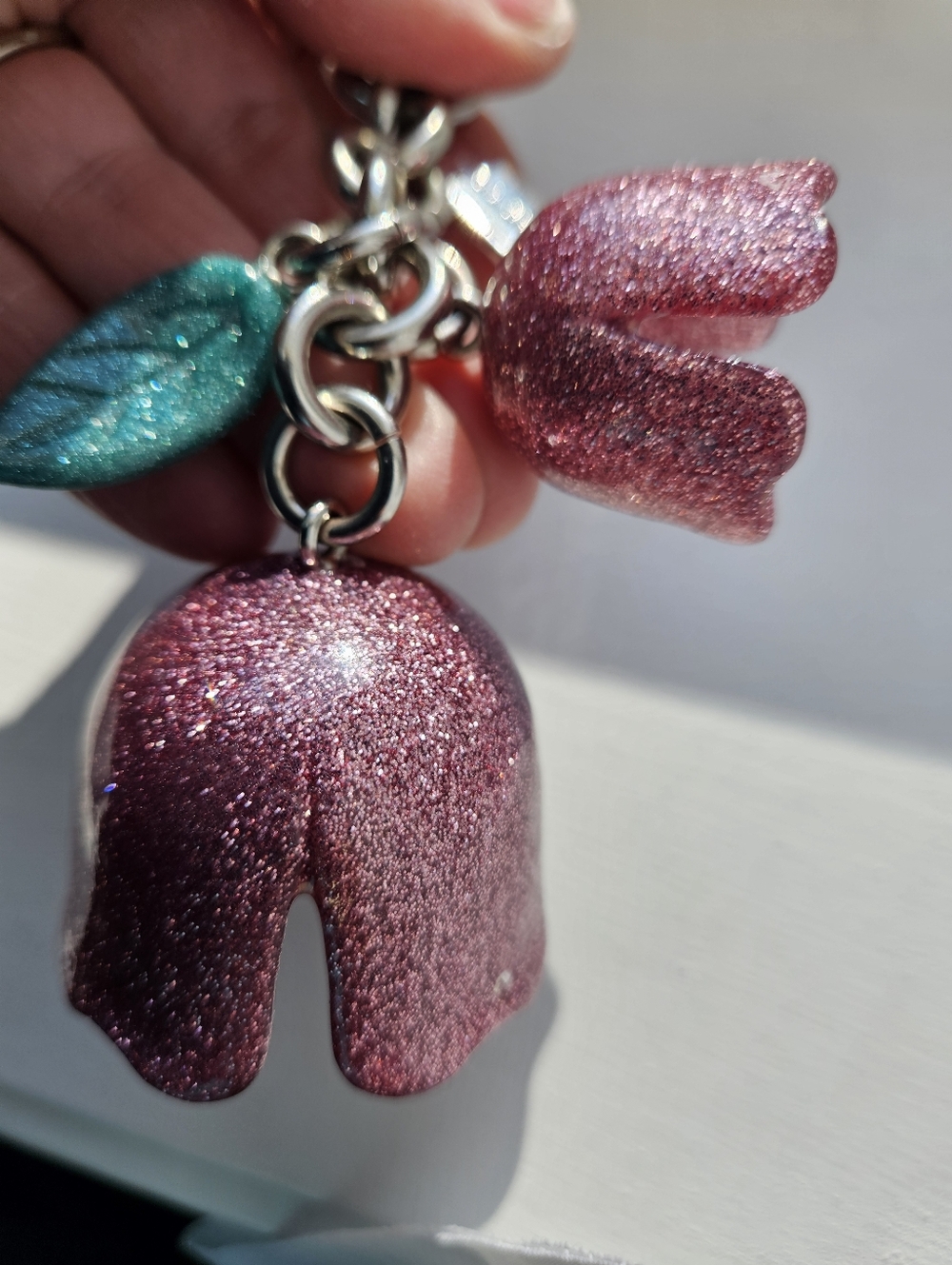 Coach Pink Glitter Resin Tea Rose Bag Charm Keychain - Picture 3 of 8